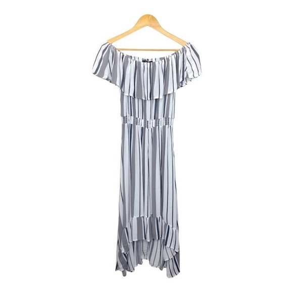 SOLD ! New Look Gray Striped Off Shoulder Casual Maxi Dress Size Small GUC - Picture 7 of 15